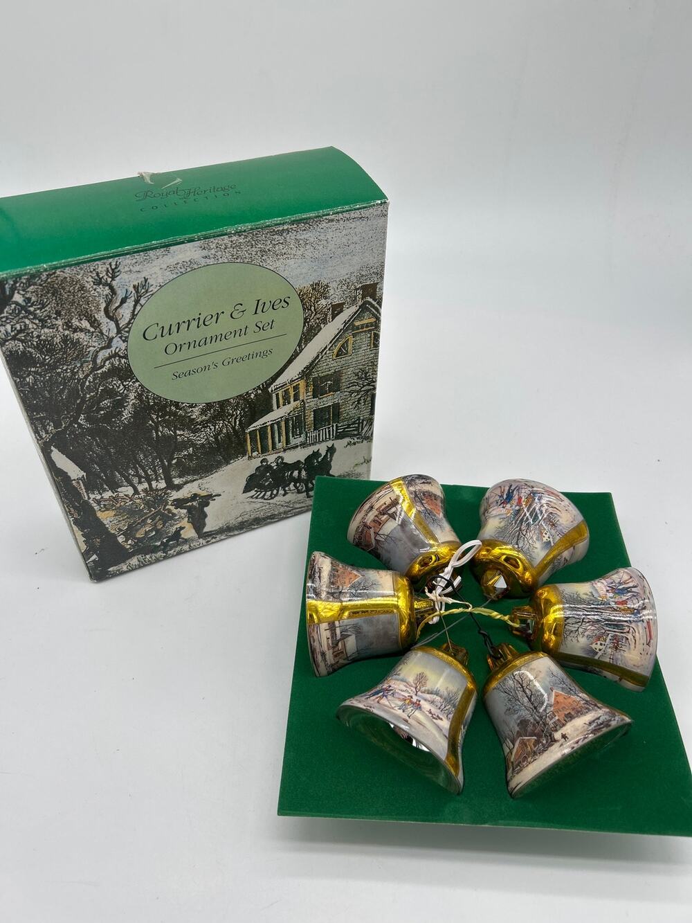 Royal Heritage Currier & Ives Ornament Set 6 Bells Season’s Greetings Vintage
